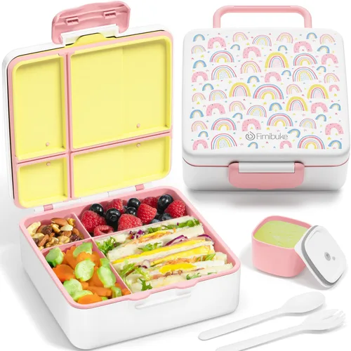 Fimibuke Lonchera Bento para niños, a prueba de fugas, con 4 compartimentos, sin BPA, apta para lavavajillas, con utensilios, tamaños de porciones