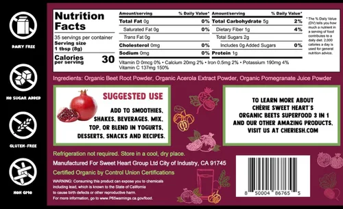 Miniatura 3 de Cherie Sweet Heart USDA Superalimento en polvo orgánico de remolacha, óxido nítrico 3 en 1, apoya la presión arterial saludable y la circulación