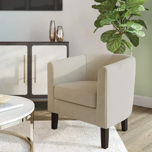BELLEZE Silla de Barril Accent, Silla de Club Tub Redonda de Lino, Silla de Esquina con Patas Acampanadas y Acolchado Suave y Acogedor para Sala de