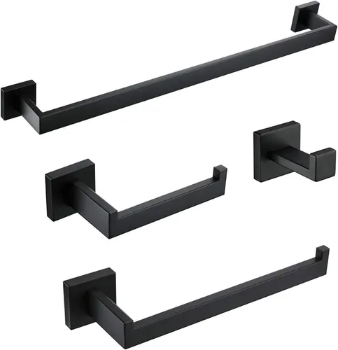 BAGNOLUX Juego de 4 accesorios de baño negro mate, juego de 4 piezas, toallero de baño de acero inoxidable, toalleros negros para baño montado en la