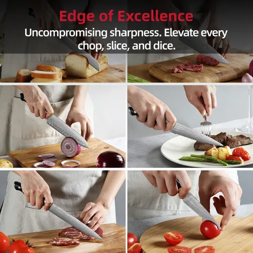 Miniatura 6 de NANFANG BROTHERS Juego de cuchillos de cocina de Damasco de 9 piezas con bloque, mango ergonómico ABS para juego de cuchillos de chef, afilador