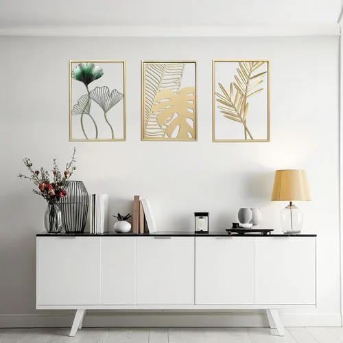 Miniatura 3 de SwallowLiving Decoración de Pared Dorada, 3 Piezas de Arte de Pared de Metal para Sala de Estar, Esculturas Modernas Lujosas Decoración del Hogar