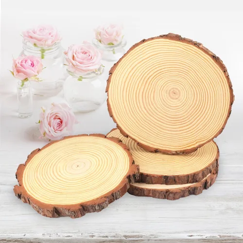 Miniatura 4 de 4 piezas de rodajas de madera natural de 10-12 pulgadas, círculos de madera de pino sin terminar con corteza para posavasos, manualidades DIY
