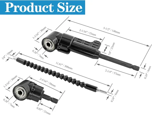 Miniatura 3 de Soporte de broca de ángulo recto negro de 105 grados, destornillador hexagonal de 1/4 pulgadas y kit de brocas de extensión de ángulo flexible