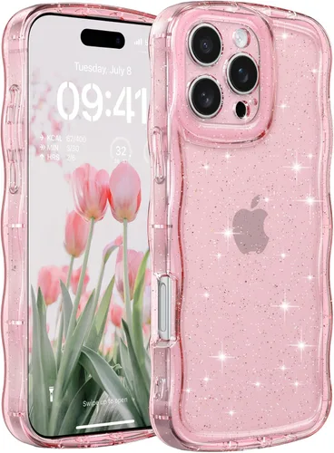 Miniatura 47 de FABSPARK Funda para iPhone 14 Pro Max, bonita funda colorida con láser, retro, exquisita, rizada, borde ondulado, protector estético de TPU suave