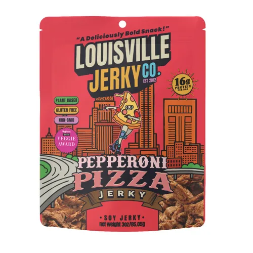 Louisville Vegan Jerky – Carne vegana y vegetariana de pizza con pepperoni - Carne seca que hace agua la boca - Aperitivos veganos sin gluten con