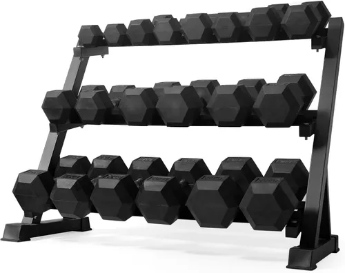 Miniatura 15 de RitFit Juego de mancuernas hexagonales con revestimiento de goma de 5 a 780 libras con estante para gimnasio en casa, entrenamiento de fuerza