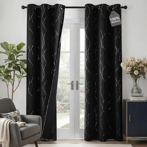 Deconovo Cortinas opacas totales con estampado de puntos ondulados plateados, forro trasero negro, cortinas de ventana con aislamiento térmico y