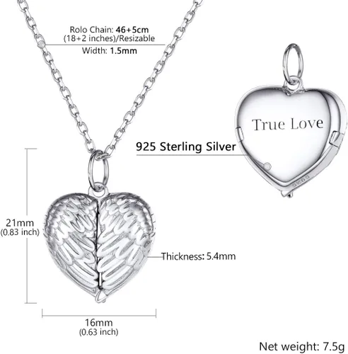 Miniatura 5 de SILVERCUTE Personalized & Engraved Locket Necklace with 18" Chain -Angel Wings Locket, Custom Heart Locket Pendant That Holds Picture, Sterling