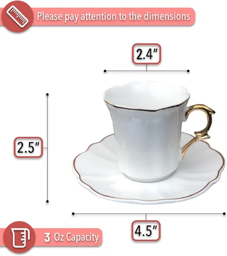 Miniatura 3 de Brew To A Tea Juego de 6 tazas de café turco de porcelana con platillos, color blanco con diseño de ribete dorado y caja de regalo, aptas