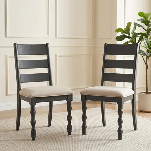 Miniatura 8 de Kmax Juego de 2 sillas de comedor de granja, silla de cocina rústica tapizada con respaldo de escalera, silla de madera marrón oscuro con patas