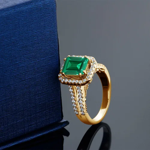 Miniatura 5 de Gem Stone King Anillo de esmeralda simulada de plata chapada en oro amarillo de 18 quilates para mujer 2.78 quilates Corte esmeralda 9X7MM