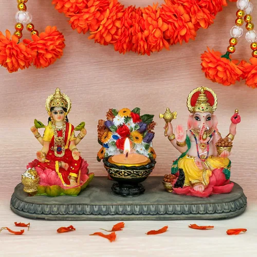 Miniatura 6 de BangBangDa Lakshmi - Estatua de Ganesha con Diya – 4.1 pulgadas de alto, diosa hindú de Polystone Laxmi e ídolo Ganesa para Diwali/Año