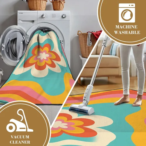 Miniatura 7 de Alfombras bohemias de 4 x 5 para sala de estar, para entrada, estilo retro, psicodélico, psicodélico, ondulado, estilo de los años setenta, alfombra