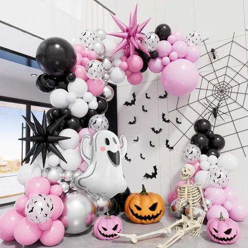 Kit de arco de globos para Halloween – 129 piezas, globos rosados, negros, plateados y blancos con globos de aluminio de fantasmas y estrellas para