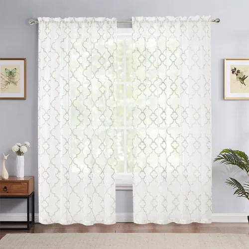 Cortinas traslúcidas beige y blancas para dormitorio, 84 pulgadas, con bordado geométrico marroquí, marfil, paneles de cortina semitransparentes,