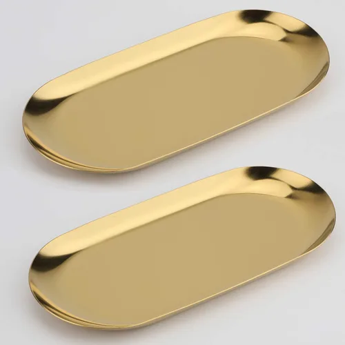 Miniatura 8 de Bandeja decorativa de acero inoxidable, juego de 2, 7 pulgadas de largo, organizador de cosméticos para joyas, bandeja de almacenamiento pequeña