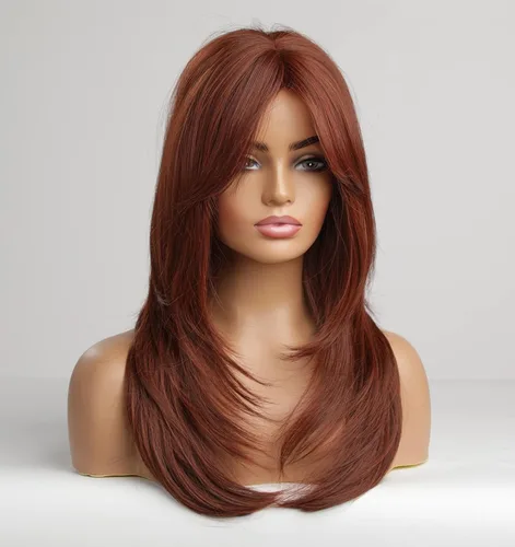 Miniatura 2 de vedar Pelucas rojas caoba con flequillo, pelucas de color rojo cobre para mujer, cabello sintético largo hasta el hombro, peluca completa roja