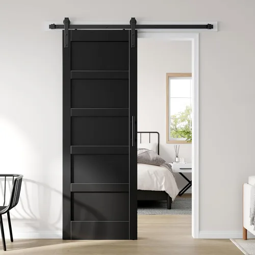 Miniatura 29 de Fredbeck Puerta de granero blanca de 30 x 84 pulgadas con kit de herrajes para puerta corredera de 5.5 pies incluido y asa, sólida, MDF, superficie