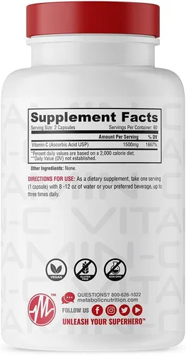 Miniatura 2 de Metabolic Nutrition Vitamina C, 1500 mg, grado farmacéutico puro, cápsulas de ácido ascórbico de alta absorción (90 cápsulas)
