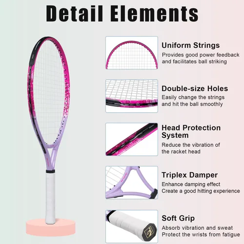 Miniatura 4 de bo'weiqi Raqueta de tenis para niños de 17"-25" para edades de 2-12 años, raqueta de tenis juvenil ligera para niñas y niños, deportes al aire Rosa
