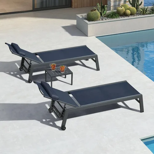 Miniatura 17 de PURPLE LEAF Juego de sillas de lounge al aire libre de gran tamaño de 3 piezas para patio, tumbona para piscina, estructura de aluminio con mesa