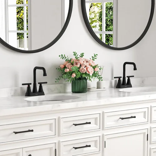 Miniatura 7 de Grifo de lavabo de baño negro mate, Hurran grifos de baño de 4 pulgadas para lavabo de 3 agujeros con desagüe emergente y mangueras de suministro, 2