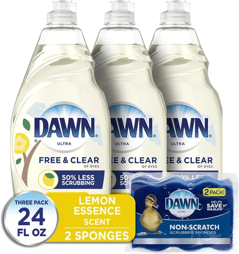 Dawn Free & Clear - Jabón líquido para lavavajillas (3 x 24 onzas) + esponja Dawn antiarañazos (2 unidades), esencia de limón