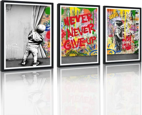 Miniatura 50 de 3 Piezas de Arte de Pared Banksy en Lienzo, Póster de Graffiti, Decoración de Pared con Citas Inspiradoras, Nunca Te Rindas, Obras de Arte para Sala
