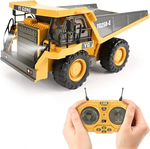 KidsFaves - Juguetes de camión volquete con control remoto de 9 canales con 2 baterías, juguetes de construcción RC con cama de metal,