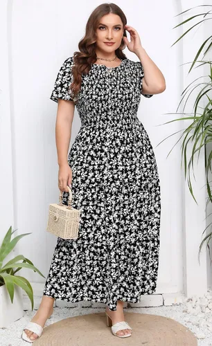 Miniatura 6 de Younrui Vestido largo escalonado fruncido para mujer, talla grande, con bolsillos, elegante, manga corta, cuello redondo, floral, bohemio, vestido