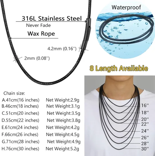 Miniatura 51 de PROSTEEL Collar de cuero impermeable para hombre, 0.079 in/0.118 in, 16 a 30 pulgadas, con cierre de acero inoxidable, cadena de bricolaje