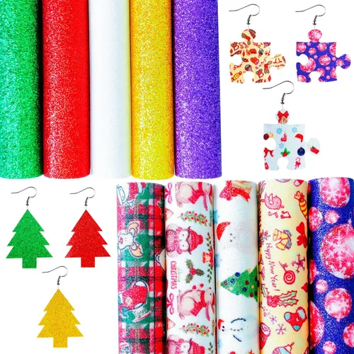 Miniatura 13 de Sábanas de piel sintética con estampado de copos de nieve de Navidad, 8 x 12 pulgadas, tela brillante con purpurina fina para lazos, manualidades