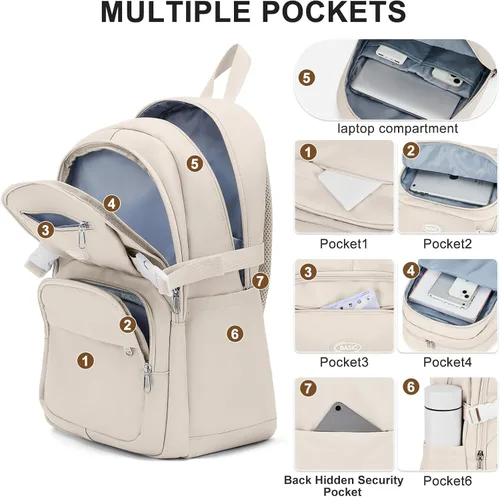 Miniatura 4 de weradar Bonita mochila, mochila casual simple con muchos bolsillos, mochila estética para mujeres y hombres (beige)