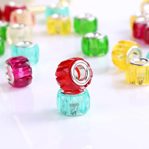 Miniatura 3 de 100 Piezas Cuentas Espaciadoras Europeas de Agujero Grande de 0.551 pulgadas, Mezcla de Colores con Núcleos de Latón Plateado Surtidos Cuentas