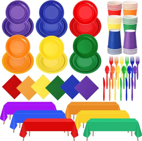 Tegeme 258 piezas de suministros de fiesta arcoíris para 36 invitados, incluyen platos de papel coloridos, tazas, servilletas, tenedores de
