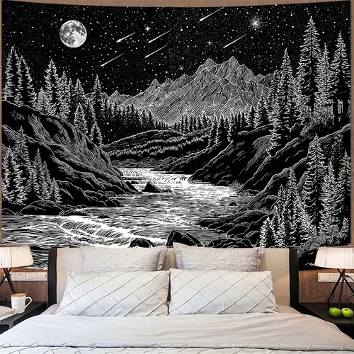 Miniatura 9 de Zussun Tapiz blanco y negro con noche estrellada, tapices de montaña para dormitorio, estética de luna y estrellas, tapiz para colgar en la pared