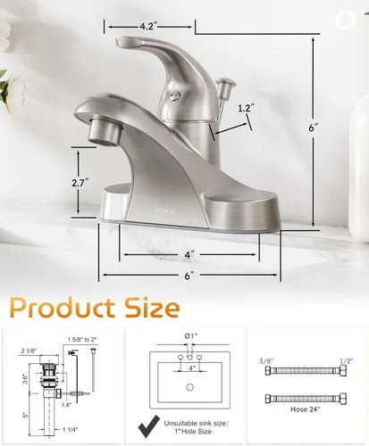 Miniatura 6 de WOWOW Grifo de Baño 1 Manija Arco Bajo Grifo de Fregadero de Baño de Una Manija de 4 Pulgadas con Centro de 4 Pulgadas, Grifo de Baño con Montaje