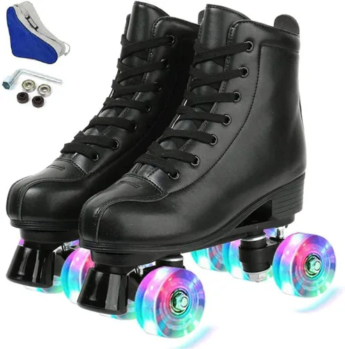 XUDREZ Double-Row Roller Skates for Unisex - PU Leather High-Top Four-Wheel Shiny Skates Rueda Flash