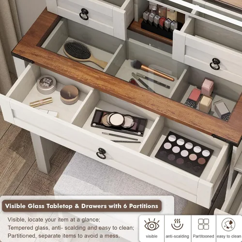 Miniatura 2 de Farmhouse Makeup Vanity Desk with Sliding Mirror and Lights, 42 Wood Vanity Table Set with Glass Top, Power Outlets, Jewelry Storage Cabinet, 4