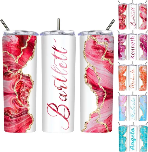 Miniatura 17 de Vasos delgados personalizados con tapas y pajitas de 20 onzas, diseño de mármol personalizado, vasos de acero inoxidable delgados con nombre