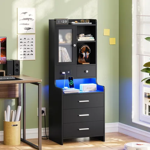 Miniatura 2 de ADORNEVE Mesita de noche alta con estación de carga y luces LED, mesita de noche de 49.2 pulgadas con estantería, mesita de noche negra con cajones
