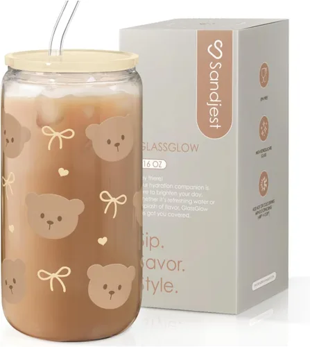 Miniatura 28 de SANDJEST Vaso de Vidrio con Margaritas en Patrón de Tablero de Ajedrez, Taza Floral a Cuadros con Tapa y Pajita, Tazas Estéticas de Café Helado