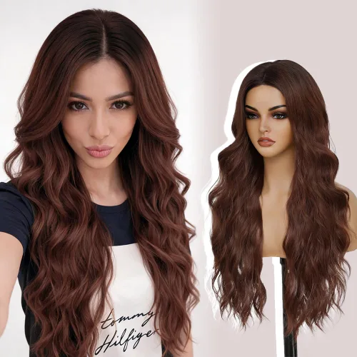 Miniatura 24 de Peluca larga negra ondulada con flequillo para mujer, 26 pulgadas, peluca sintética de aspecto natural de repuesto para uso diario, fiesta, cosplay
