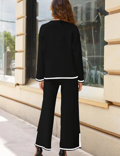 Miniatura 8 de Faleave Conjunto de 2 piezas de punto para mujer, suéter de manga larga, sin botones, pantalones de pierna ancha, conjunto de ropa deportiva