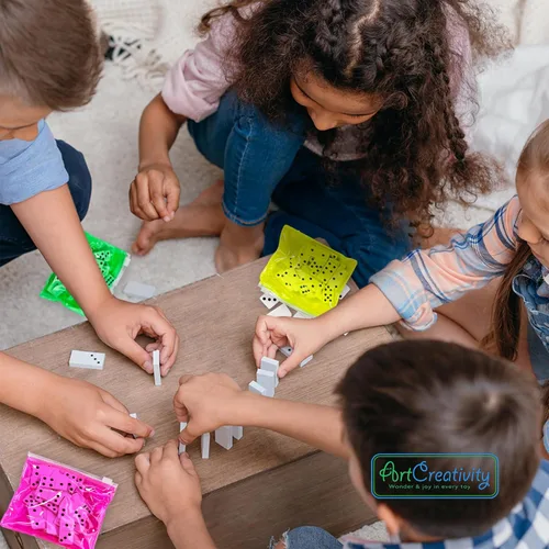 Miniatura 2 de ArtCreativity Juego de dominó – Paquete de 12 – Cada juego de dominó incluye 28 piezas por bolsas rosa neón, amarillo, verde y naranja – Gran