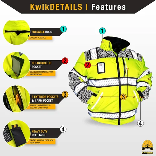 Miniatura 4 de KwikSafety Chaquetas reflectantes Bombarderos de trabajo de alta visibilidad aislados para hombre Amarillo, Naranja, Multicolor