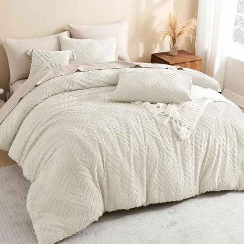Litanika - juego de edredón matrimonial beige, 3 piezas capitoné crema boho granja, ligero y esponjoso para todas las estaciones (79x90 pulgadas y 2