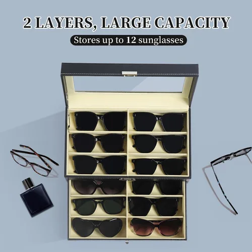 Miniatura 4 de AUTOARK AW-023 - Organizador de cuero para guardar lentes de sol, 12 piezas, color negro, AW-023