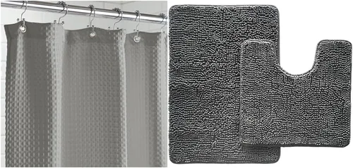 GORILLA GRIP Juego de cortina de ducha y alfombra de área con gofres, tamaño 72 x 72 pulgadas, lavable, el juego de contorno incluye alfombra de